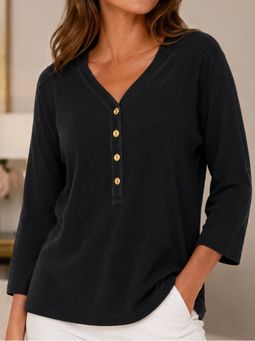 Lauren Ralph Lauren (LRL) black ribbed henley top featuring gold-tone buttons 2x